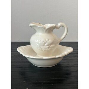 VTG Creamy White Ceramic Mini Pitcher/Jug & Basin Set Japan French Country 3.5"